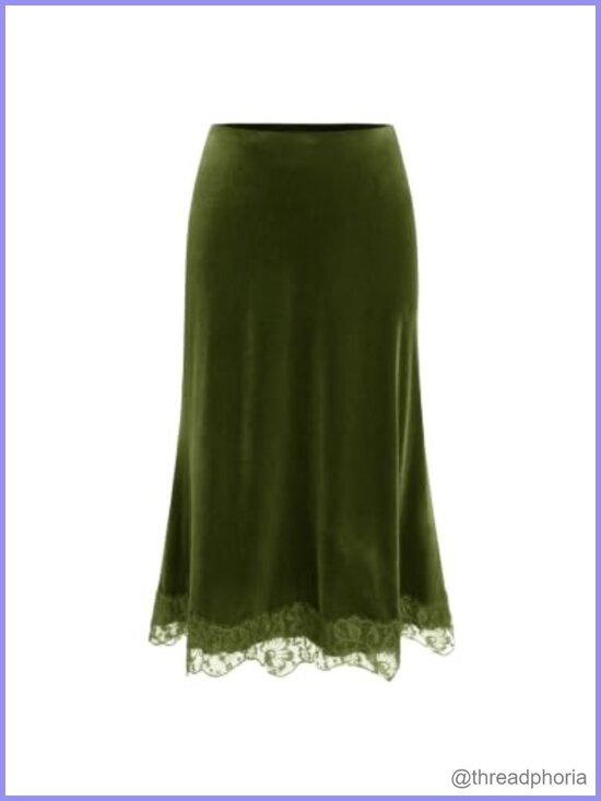Dresses & Skirts - Velvet Midi Skirt Lace Hem A Line Flowy Office Date Night